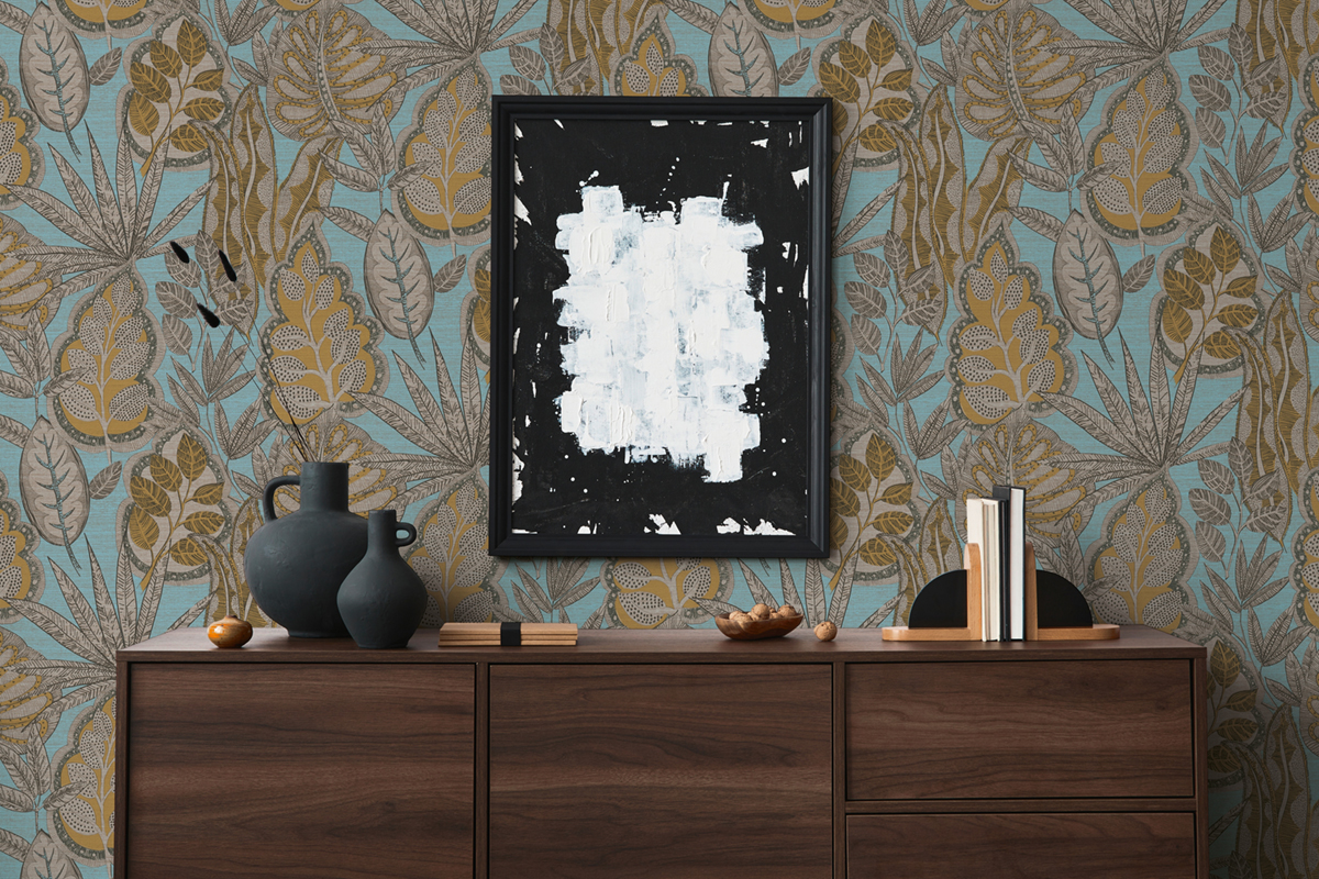 Papier peint Feuillage Symbole Indiana bleu ocre - Famous Garden d'A.S. Création AMB3 | Réf. AS-393464