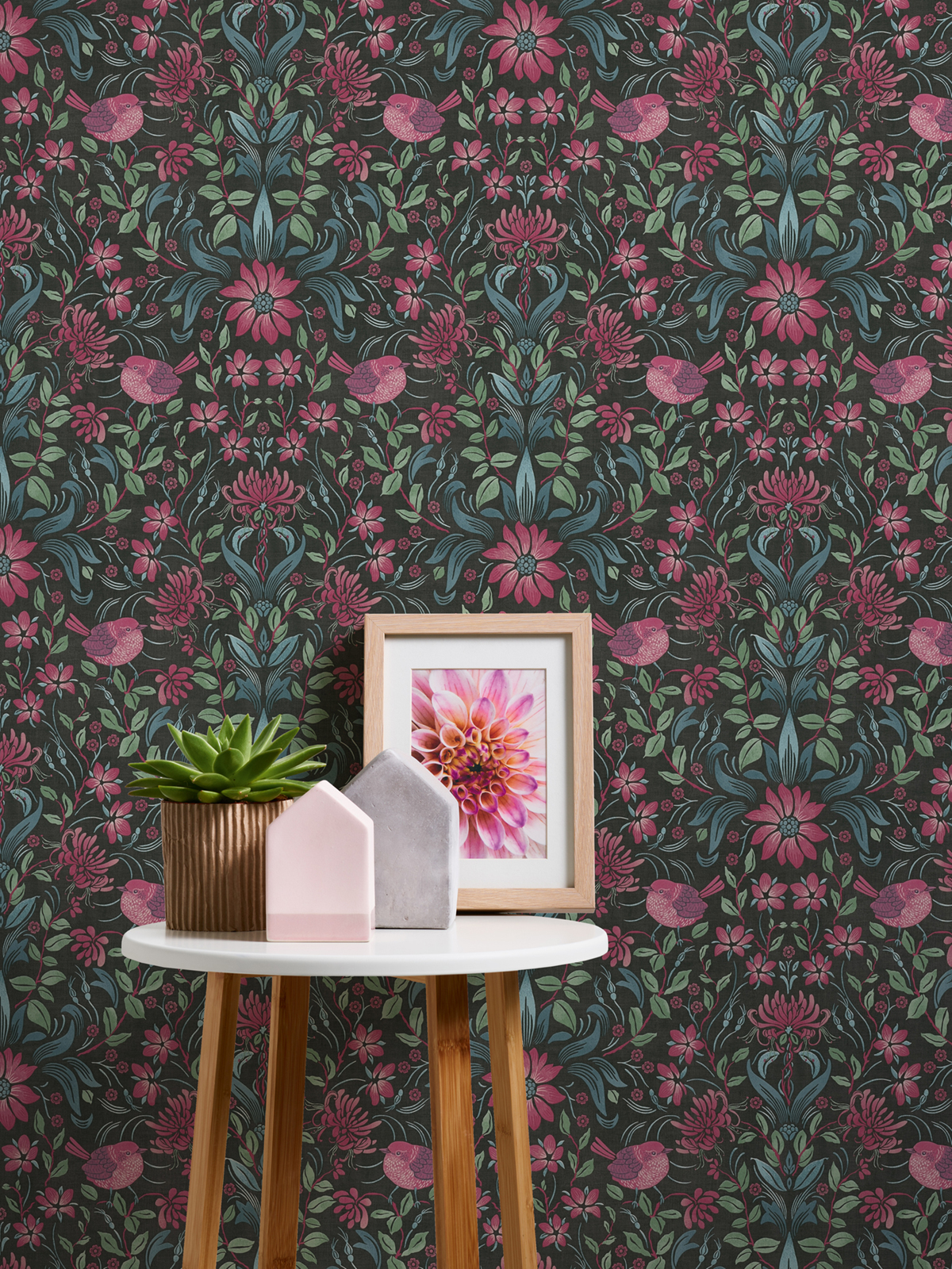 Papier peint Fleuri Oiseau Blooming noir framboise - Maison Charme d'A.S. Création AMB2 | Réf. AS-390751