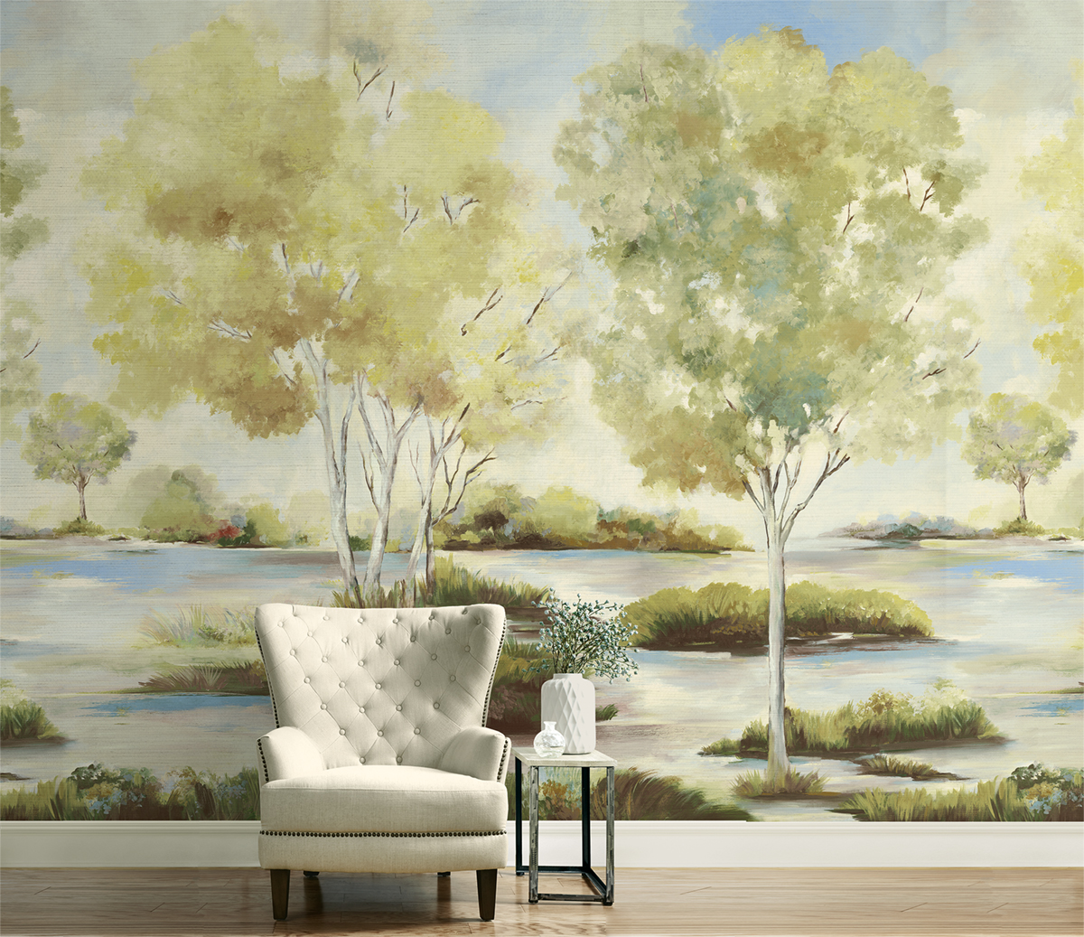 Papier peint panoramique Paysage à l'Aquarelle Savane Grasscloth vert - Daisy Bennett d'Initiales | Réf. INI-DB31206M