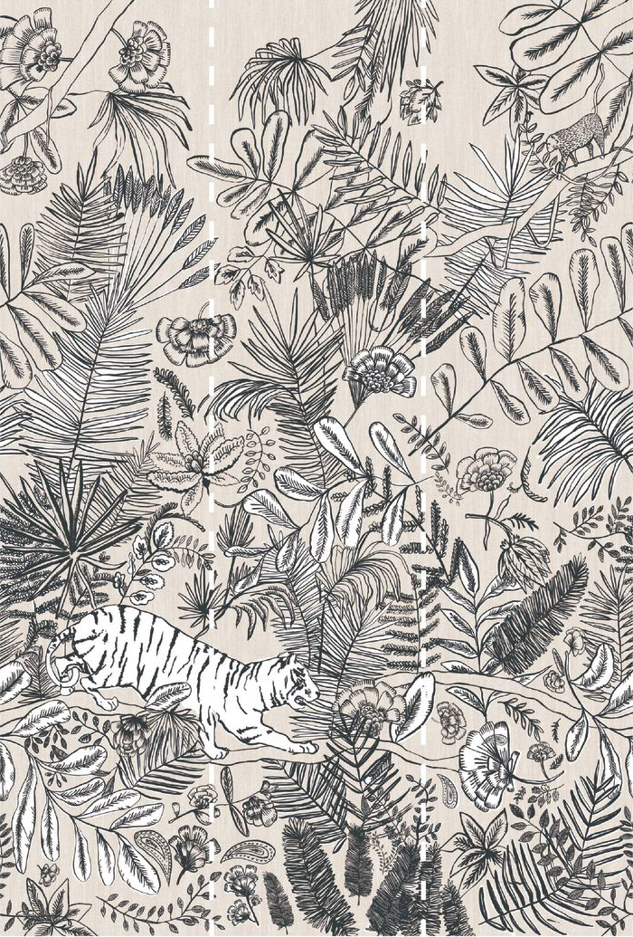 Papier peint panoramique jungle Tigre Pashu écru/blanc - Ceylan de Casamance | Réf. CAS-74543582