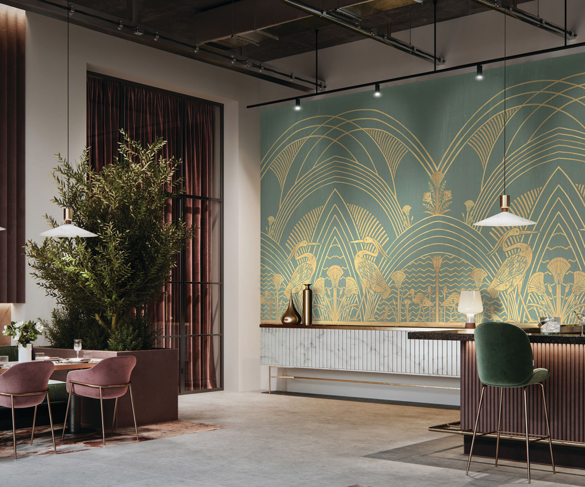 Papier peint panoramique Oiseau Éléphantine vert lichen doré - Panoramas 3 de Casamance | Réf. CAS-A76193364