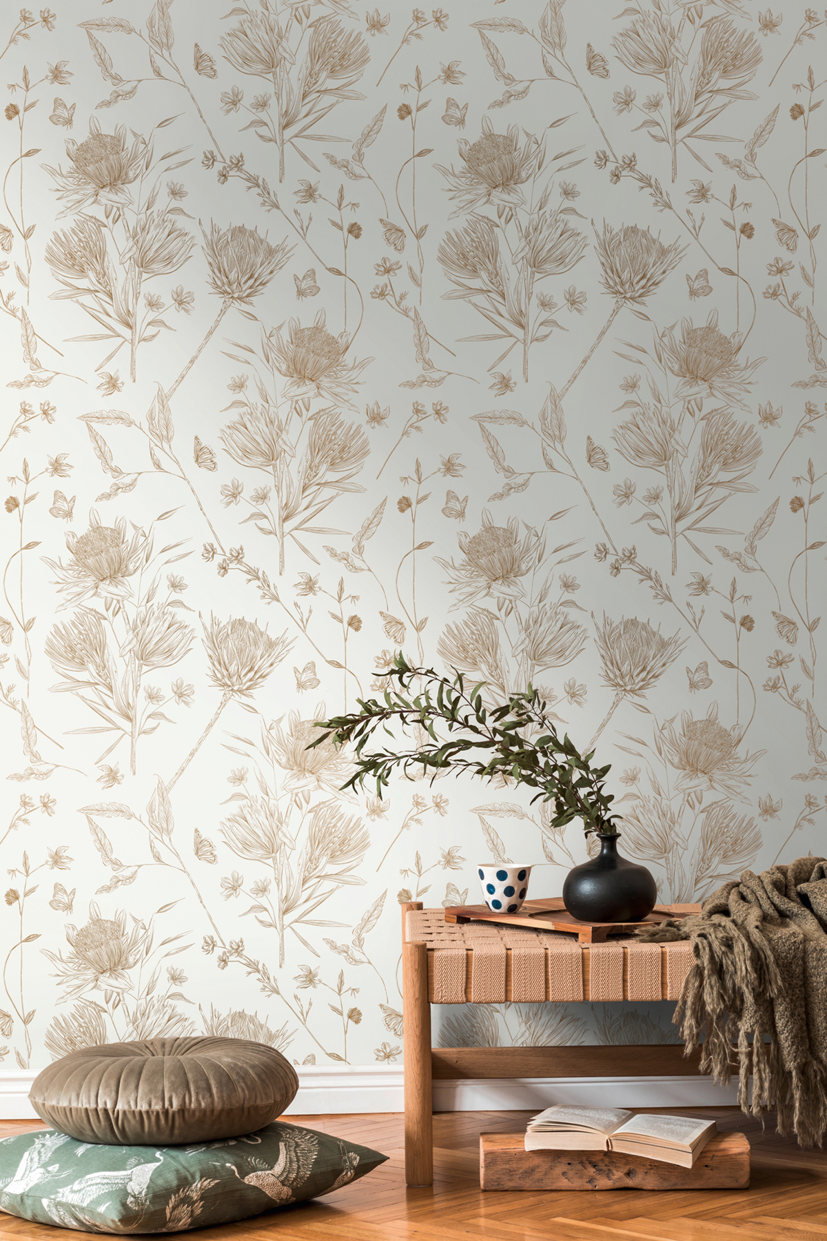 Papier peint Fleur Papillon Croquis marron blanc - Drawn Into Nature de Livingwalls AMB2| Réf. 39427-1