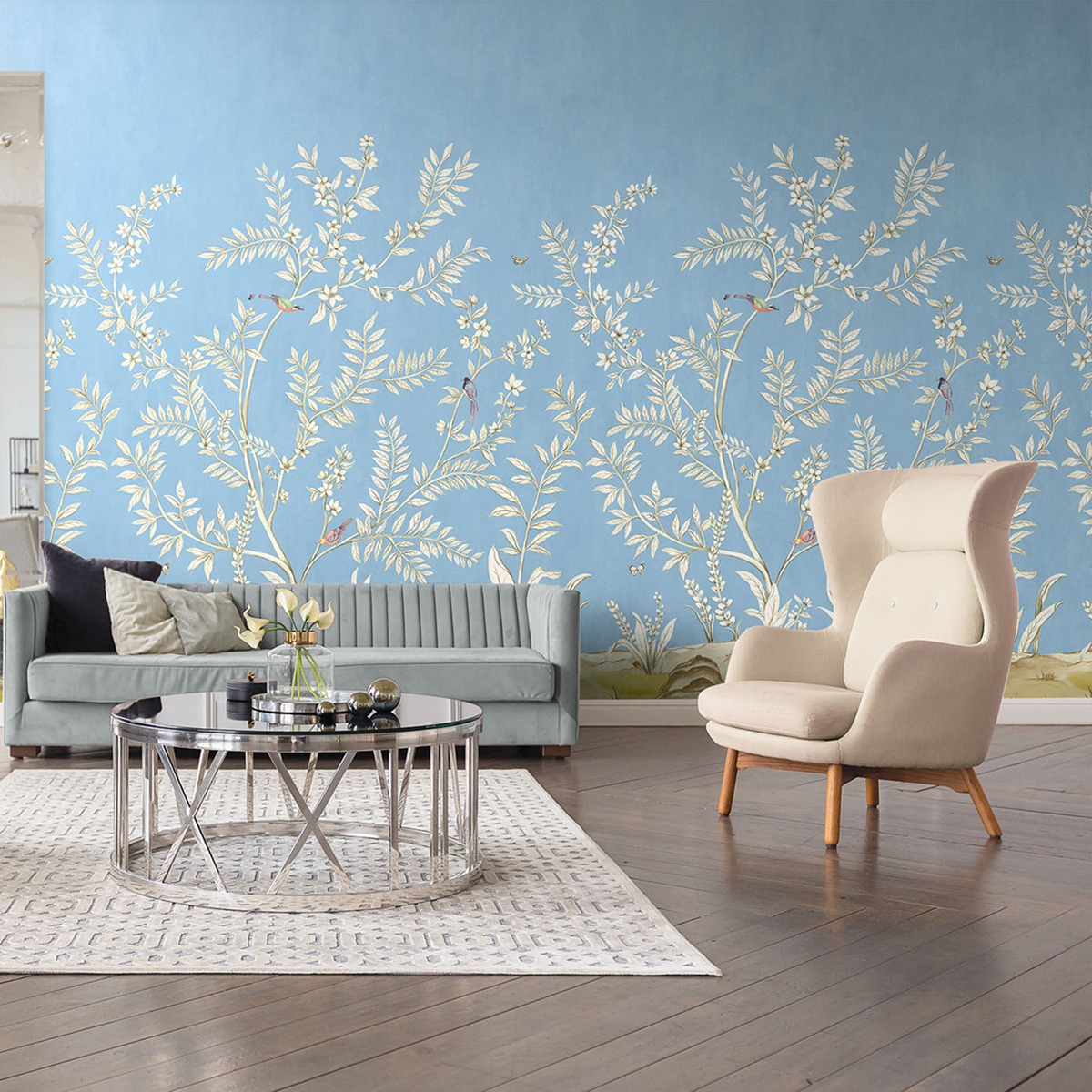 Papier peint panoramique Nature Vigne bleu ciel - Daisy Bennett d'Initiales | Réf. INI-DB30402M