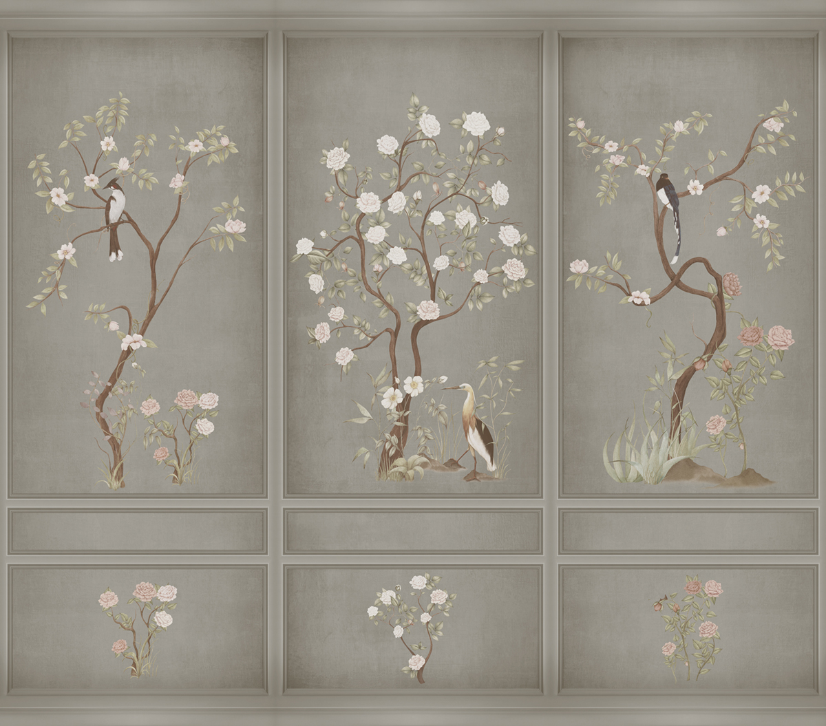 Papier peint panoramique Boiserie Fleurie gris souris - Panorama 2 de Lutèce | Réf. LTC-PAN1572C