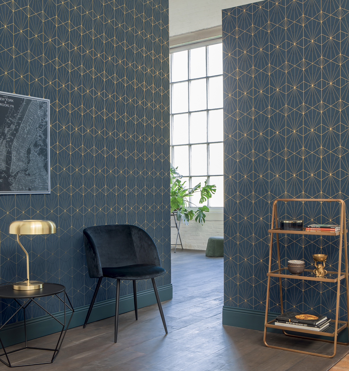 Papier peint Art Déco bleu et or - Park Avenue de Lutèce | Réf. LTC-51192501
