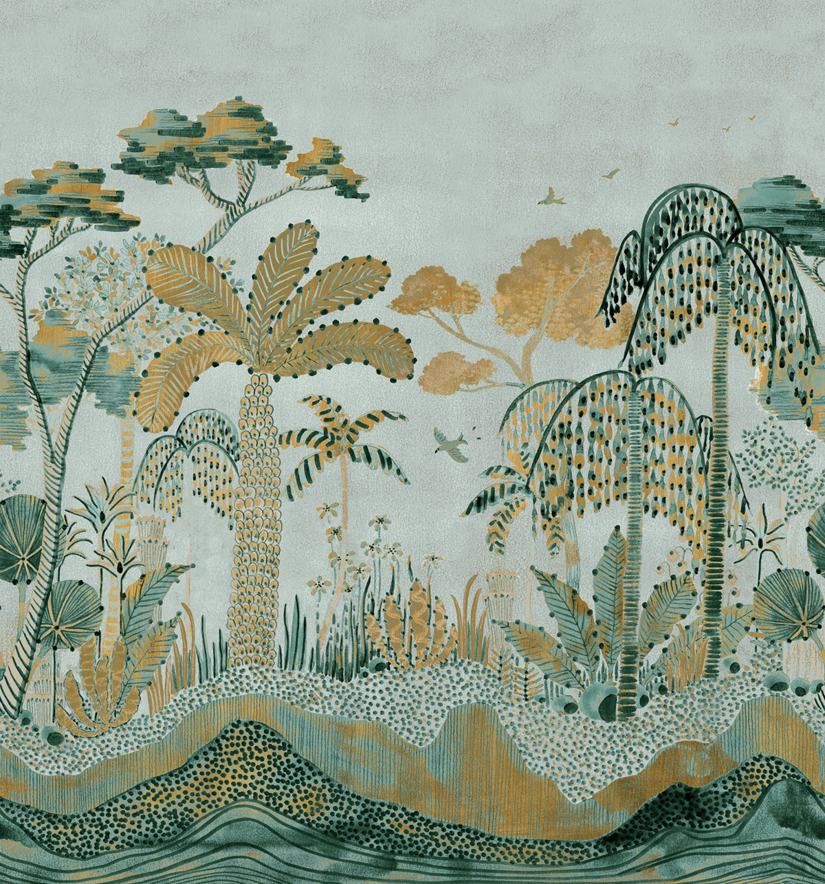 Papier peint panoramique Jungle Luxuriante Nosara vert opaline doré - Panoramas 3 de Casamance | Réf. CAS-76431834