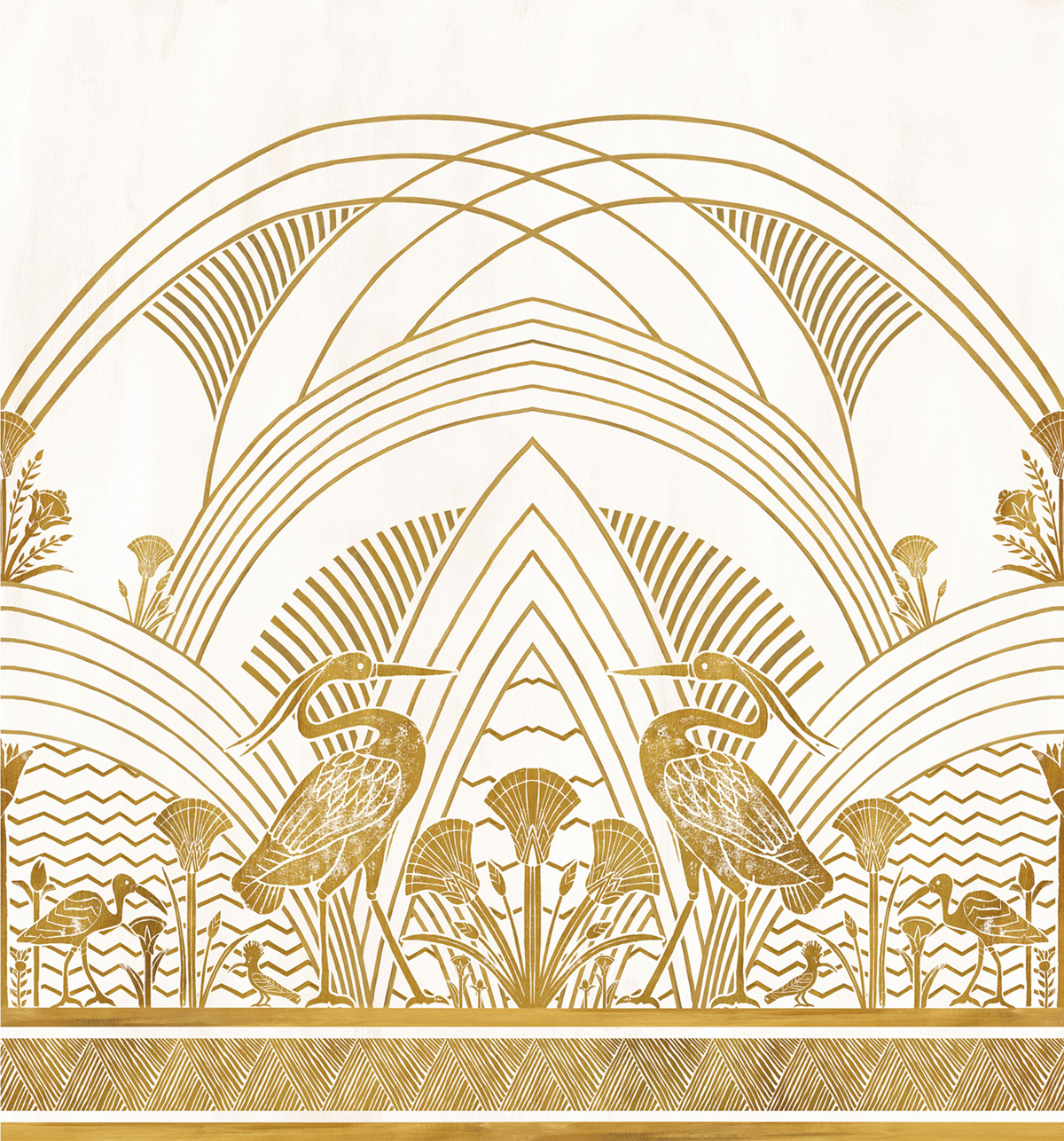 Papier peint panoramique Oiseau Éléphantine gris clair doré - Bord Du Nil de Casamance | Réf. CAS-76193160