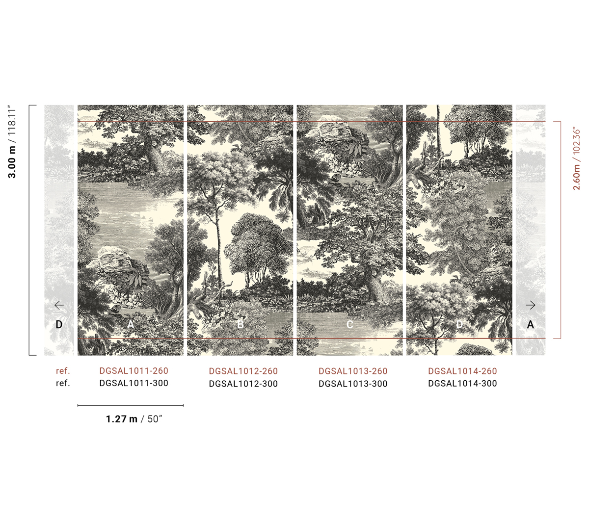 Papier peint panoramique Toile de Jouy Salcey anthracite - A, B, C et D H260 - Amazone de Masureel | Réf. MAS-DGSAL101X-260