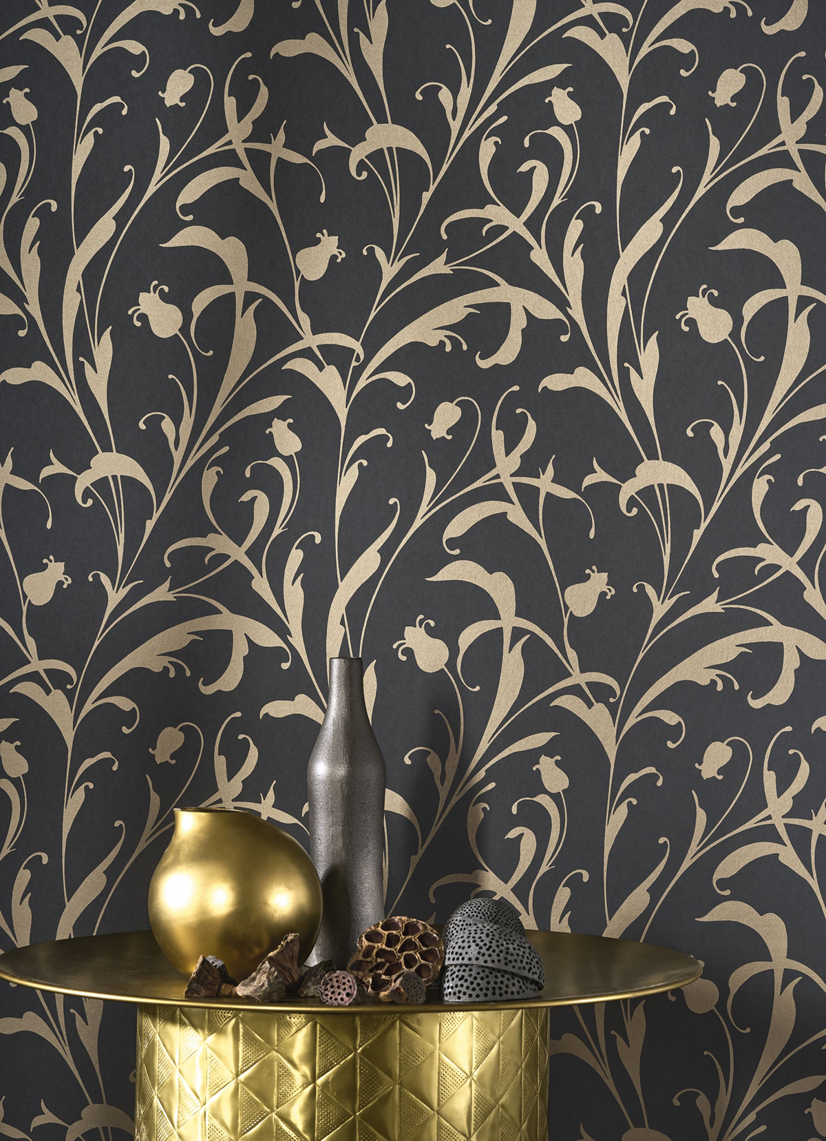 Papier peint Feuillages Arabesques Opaline noir doré - Elixir de Casadéco AMB1 | Réf. EXIR202009277