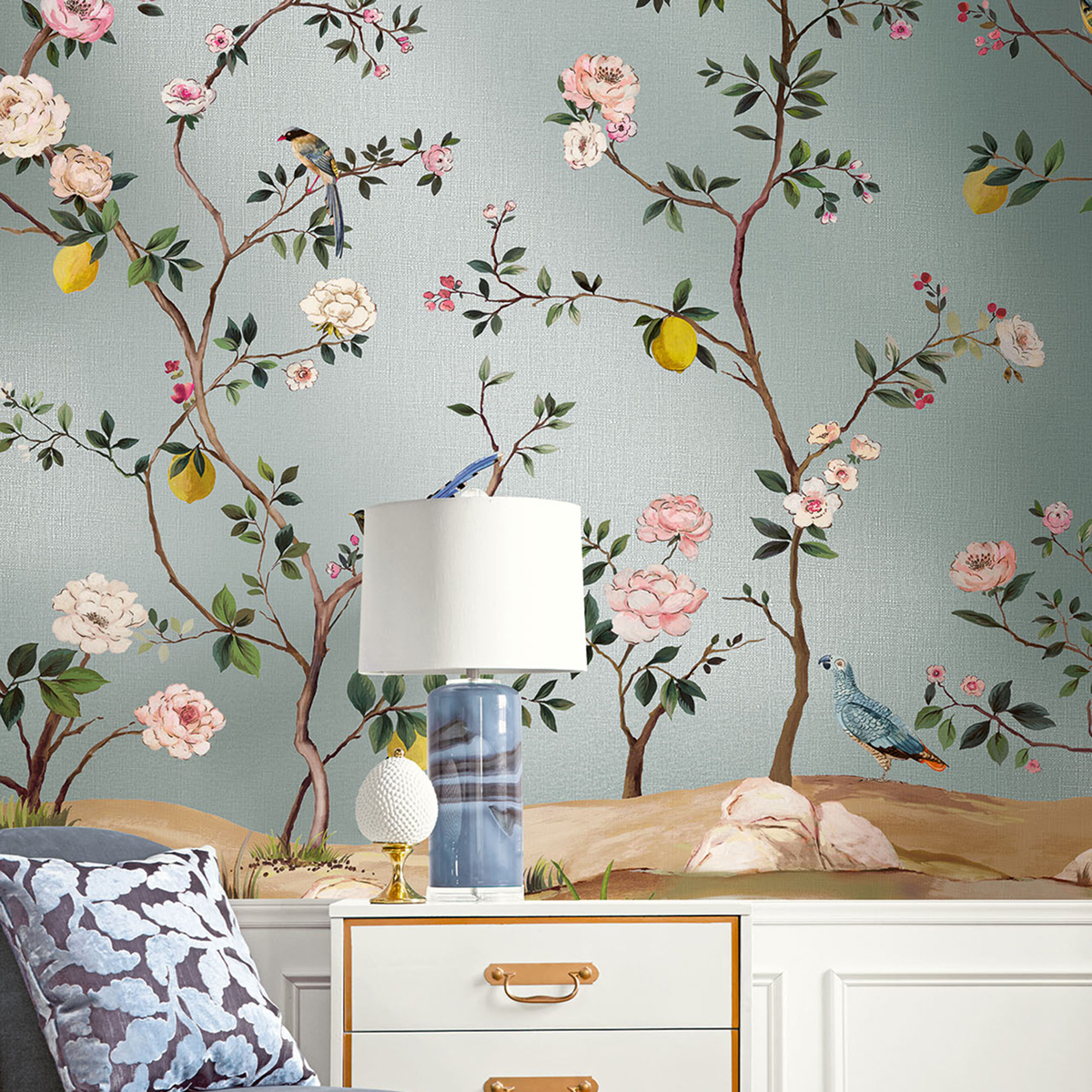 Papier peint panoramique Fleurs Vintage argenté - Daisy Bennett d'Initiales AMB2 | Réf. INI-DB33705M