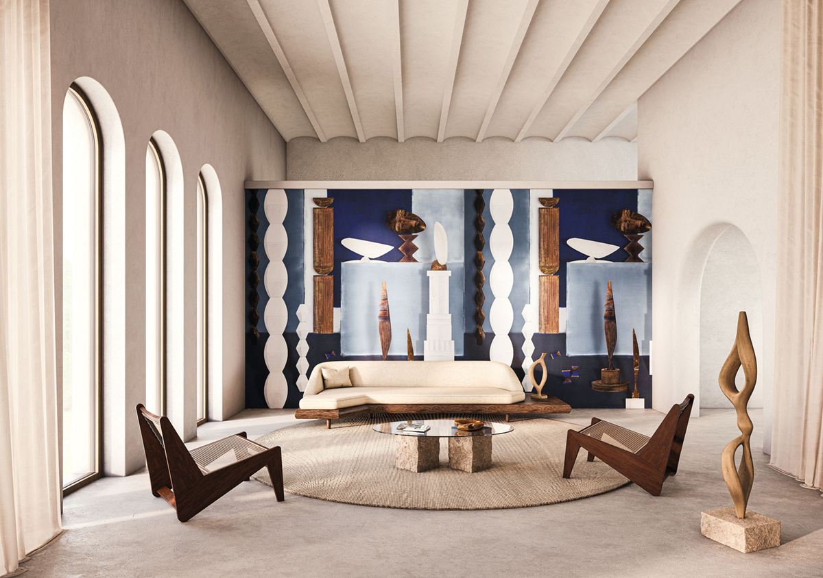 Papier peint Panoramique L'Atelier De Brancusi bleu égyptien - Panoramas 2 de Casamance | Réf. CAS-75580202