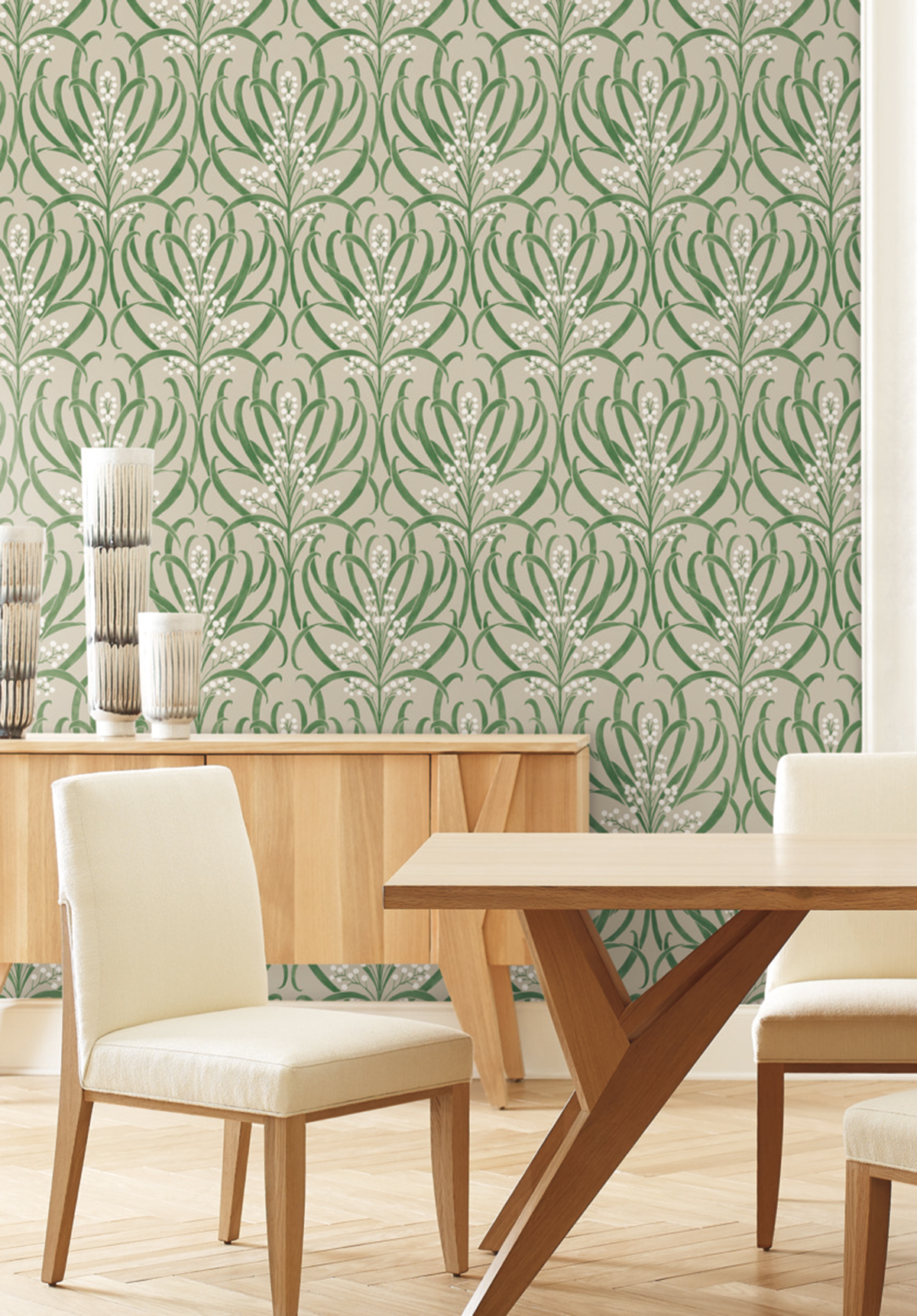 Papier peint Feuillage Baies vert lin - Arts & Crafts d'Initiales | Réf. INI-AC9144