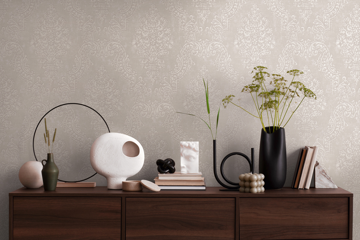 Papier peint Médaillon Baroque gris souris argenté - Pure Elegance d'A.S. Création AMB4 | Réf. AS-397656