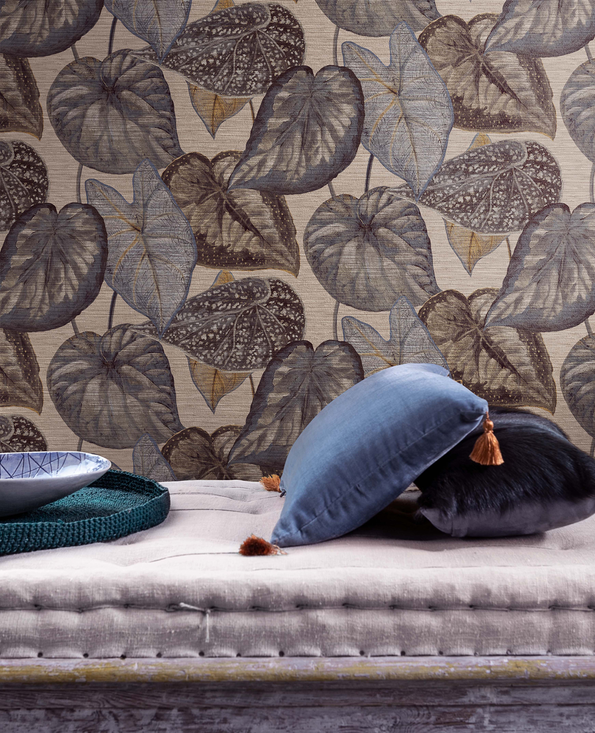 Papier peint Feuille Tropicale bleu gris - Maori de Montecolino | Réf. MC-TA25051