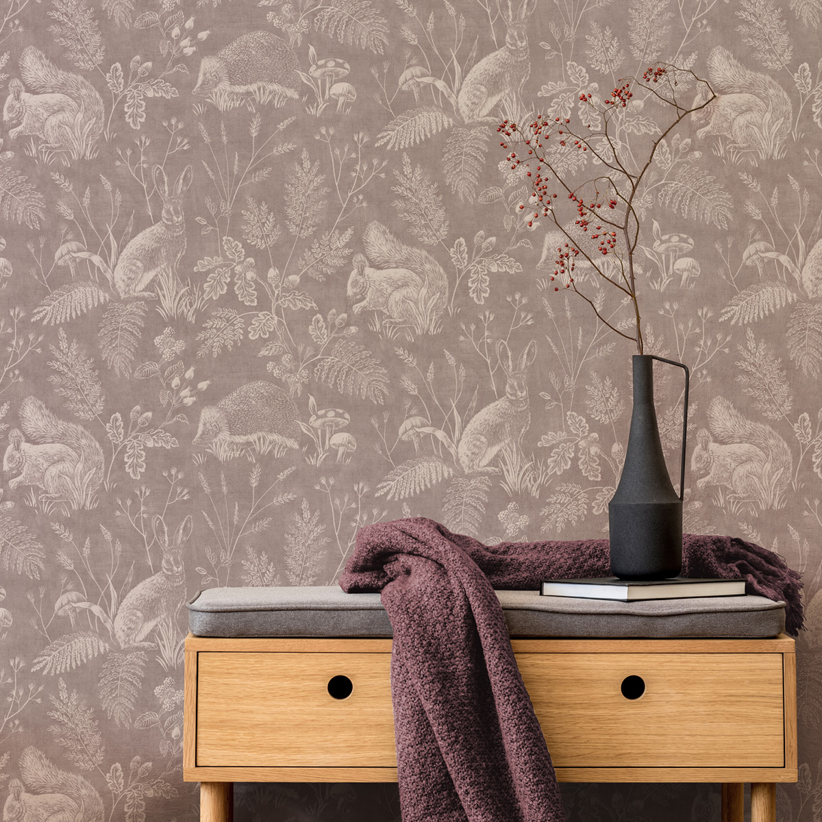 Papier peint Toile de Jouy Animaux Woodland rose brun - Beaux Arts de Lutèce | Réf. LTC-M1803