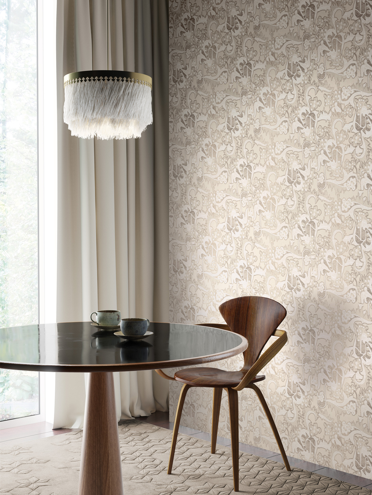 Papier peint Broderie Japonaise Kimora beige ficelle bronze - Kimono de Masureel | Réf. MAS-KIM202