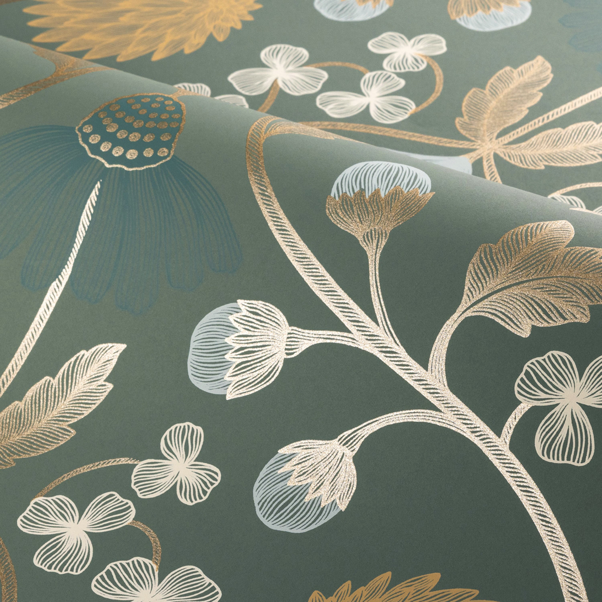 Papier peint Fleurs Champêtres Entrelacées Hippolyte vert de gris doré - Isadora de Casamance | Réf. CAS-70450712