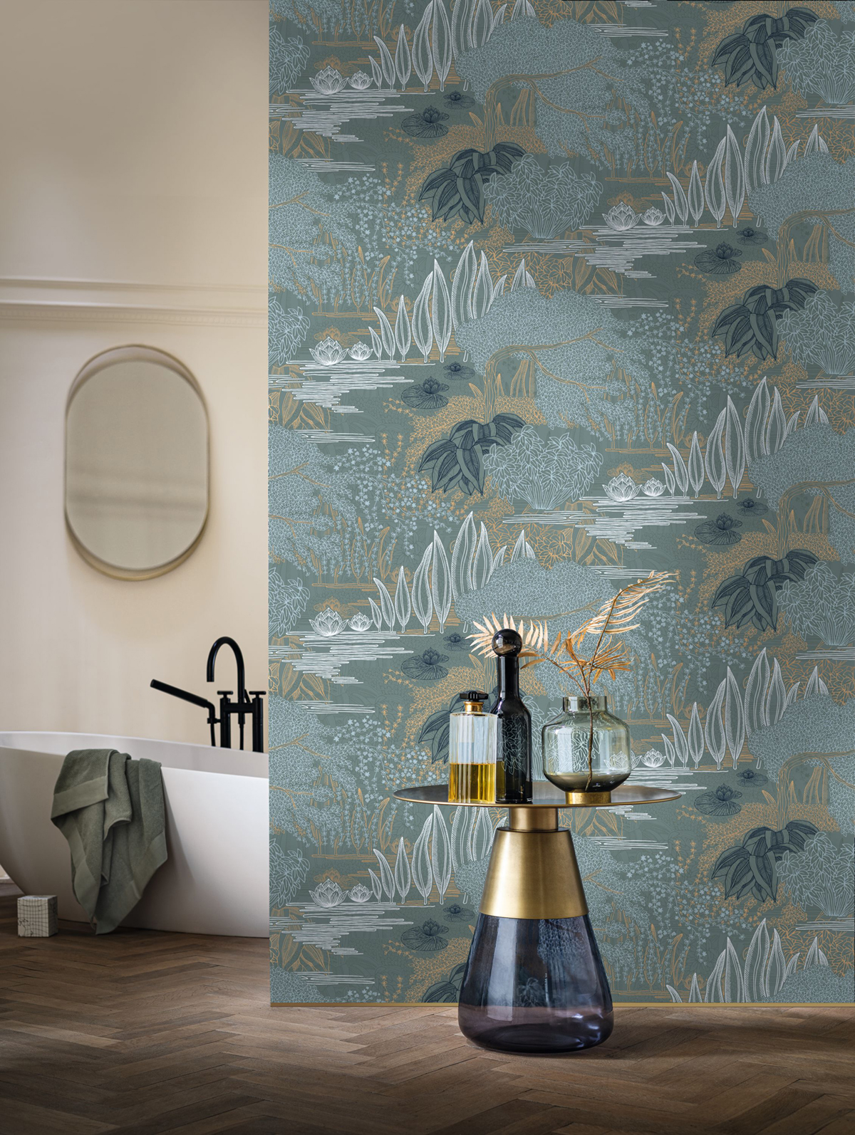 Papier peint Jardin Jasmin vert de gris doré - Square Jasmin de Casamance | Réf. CAS-75680202