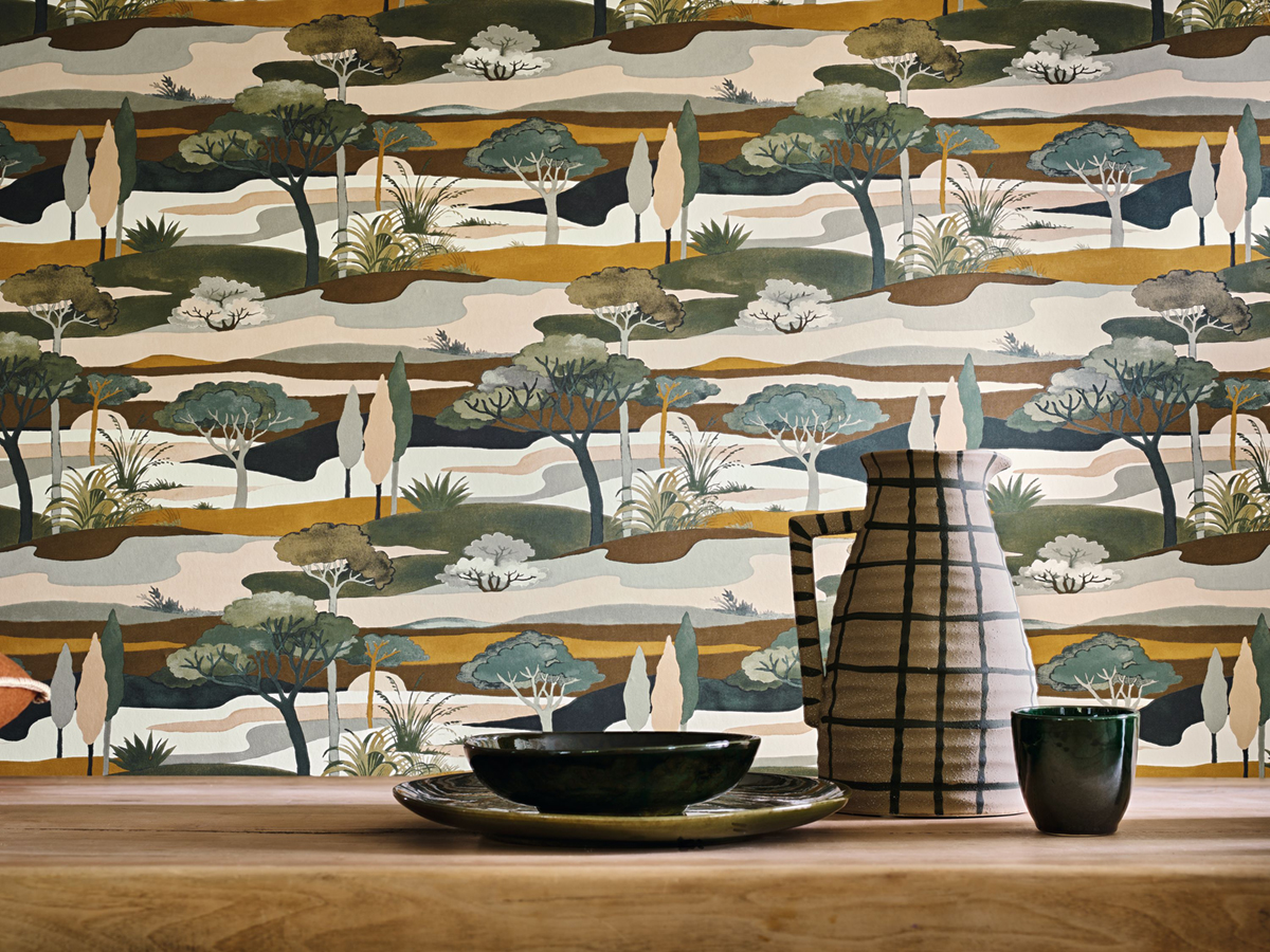 Papier peint Paysage Cap Ferret vert moutarde - L'Ile aux Oiseaux de Casamance AMB3 | Réf. CAS-75870406