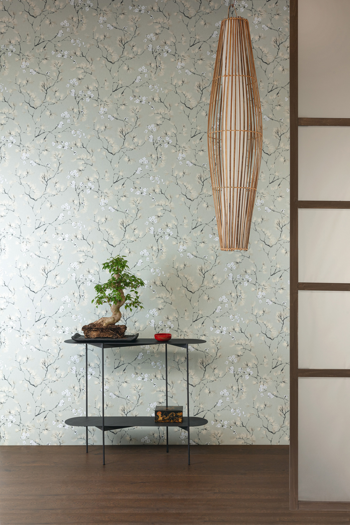 Papier peint Fleurs Japonaise Haru vert de gris doré - Kimono de Masureel | Réf. MAS-KIM108