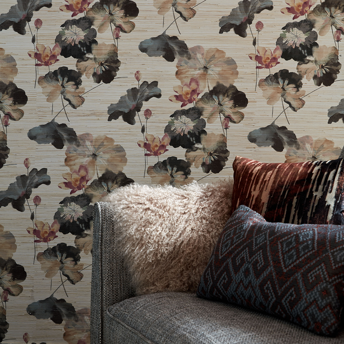 Papier peint Paille Japonaise Nymphéa beige et rose - Willow d'Initiales | Réf. INI-00814301