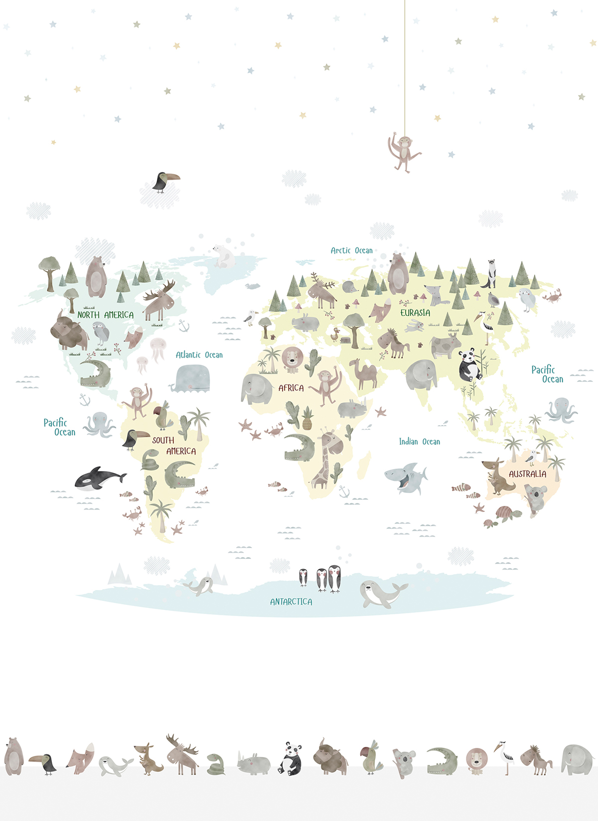 Papier peint panoramique Carte du Monde Faune multicolore pastel - Panorama 2 de Lutèce | Réf. LTC-PAN1882C