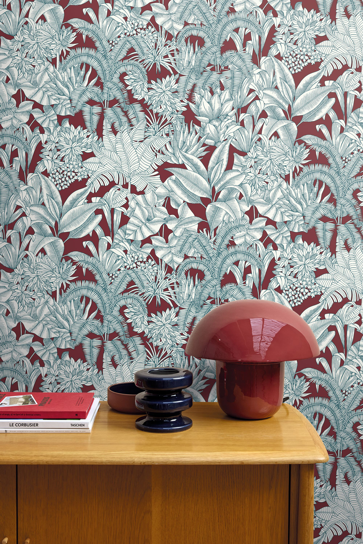 Papier peint Jungle Palmaris bordeaux bleu - Blue Shades de Casélio | Réf. BLS107486280