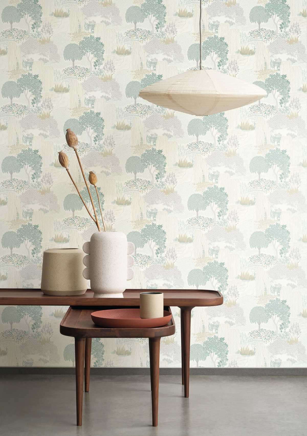 Papier peint jardin Japonais Niwa vert blanc métallisé - Kyoto de Casadéco | Réf. KYTO88727241