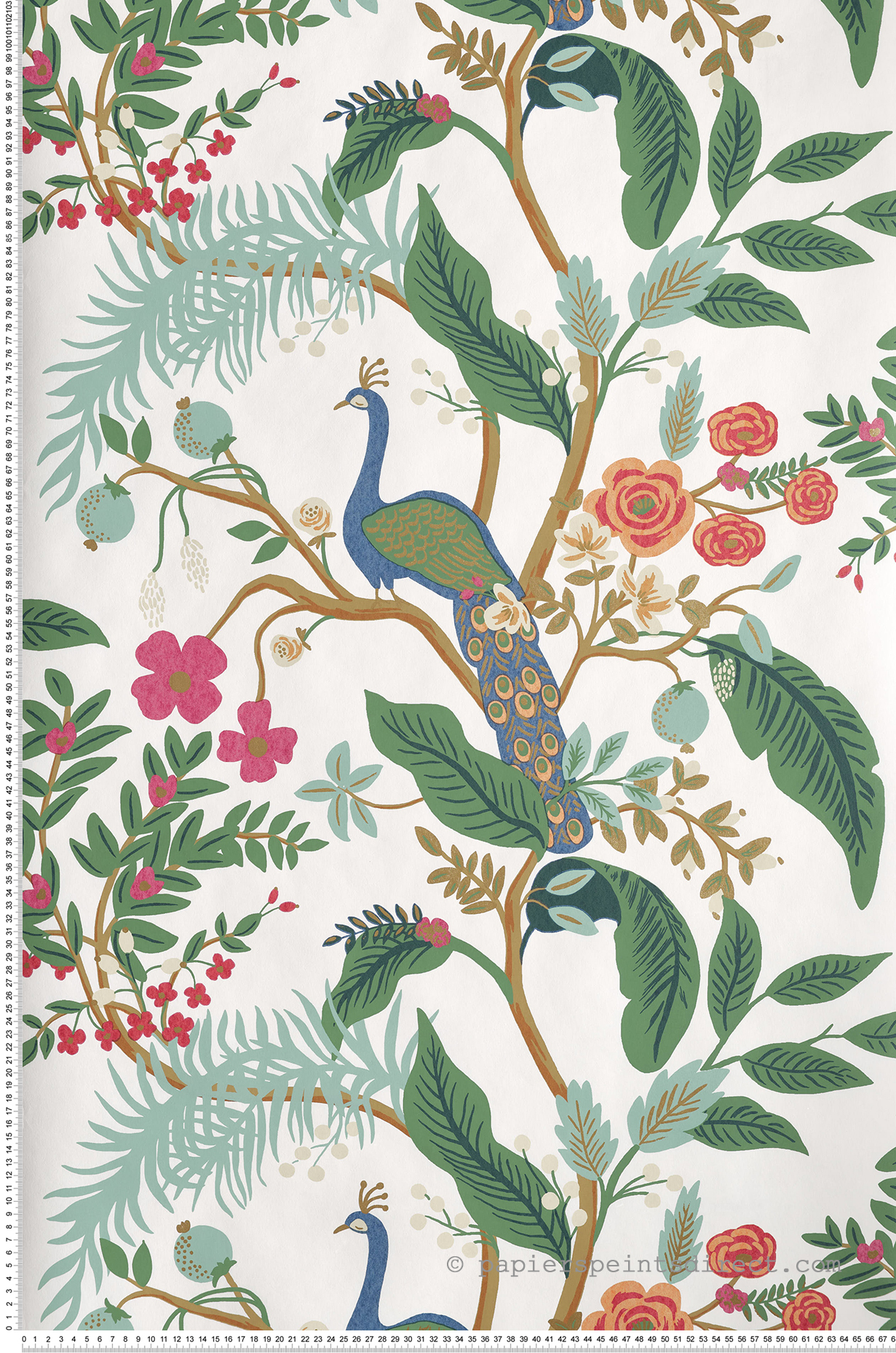 Papier peint Nature Peacock blanc/vert d'eau - Rifle Paper Co. d'Initiales | Réf. INI-RI5174