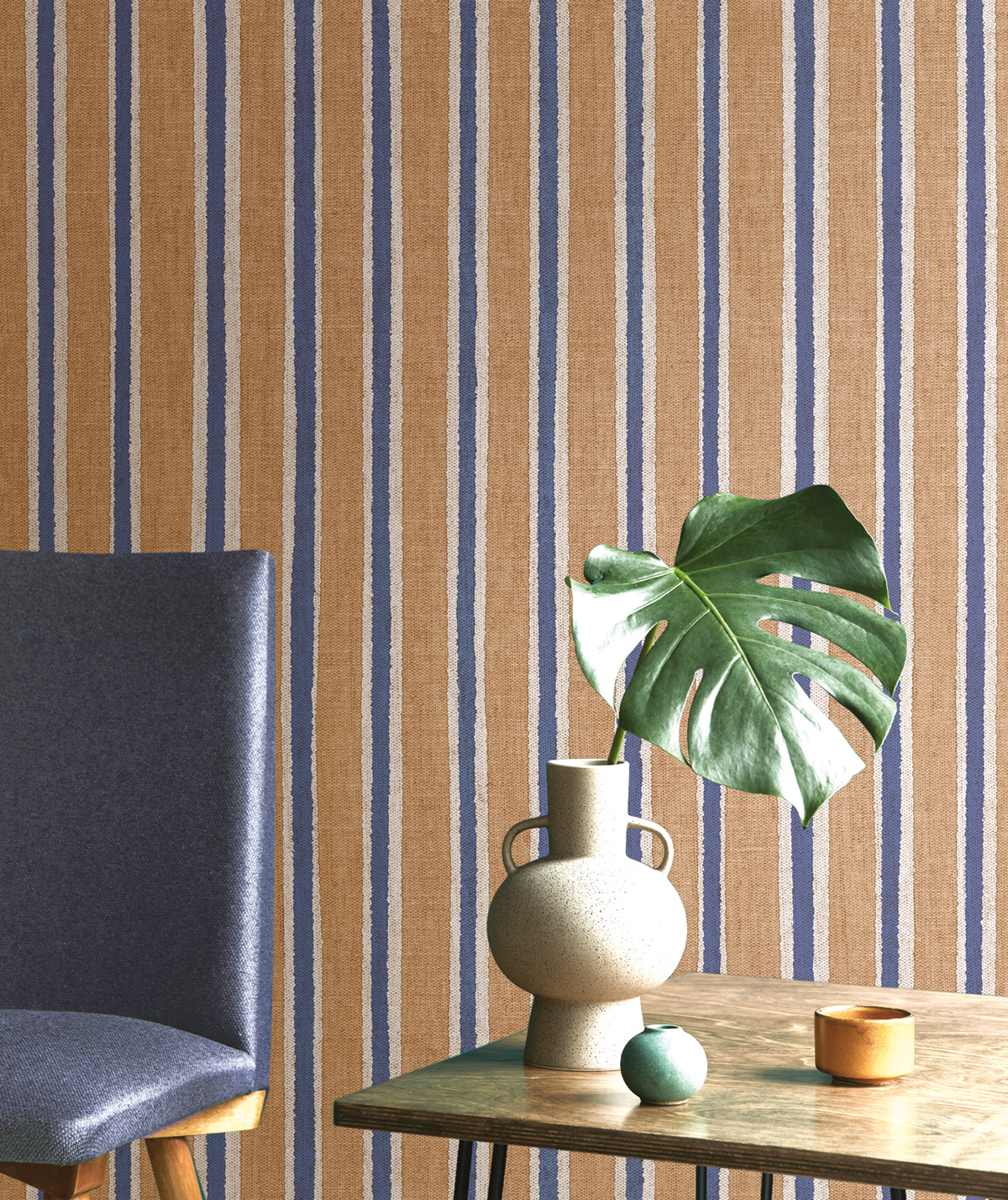 Papier peint Rayures Contemporaines marron bleu - Seven de Montecolino | Réf. MC-30138