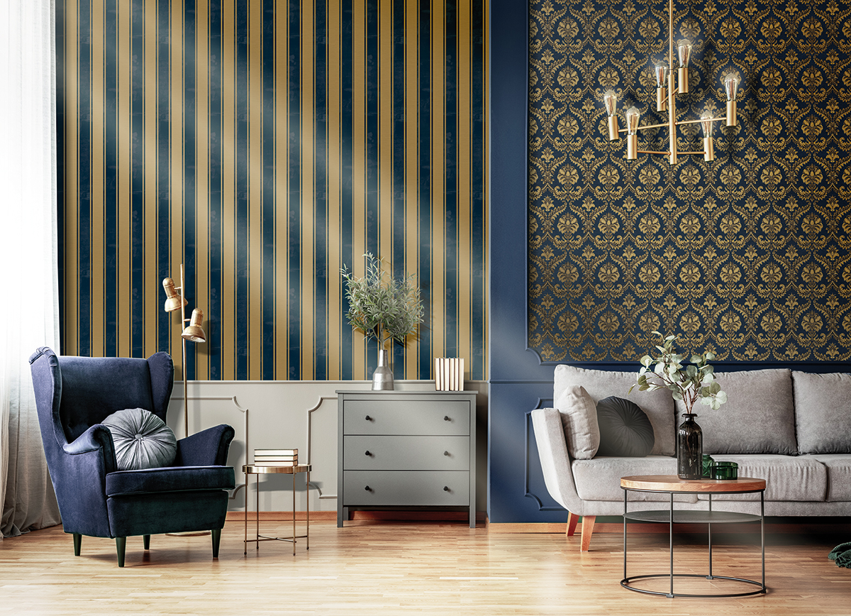 Papier peint Rayure Baroque bleu roi et doré - San Marco de Montecolino | Réf. MC-23679