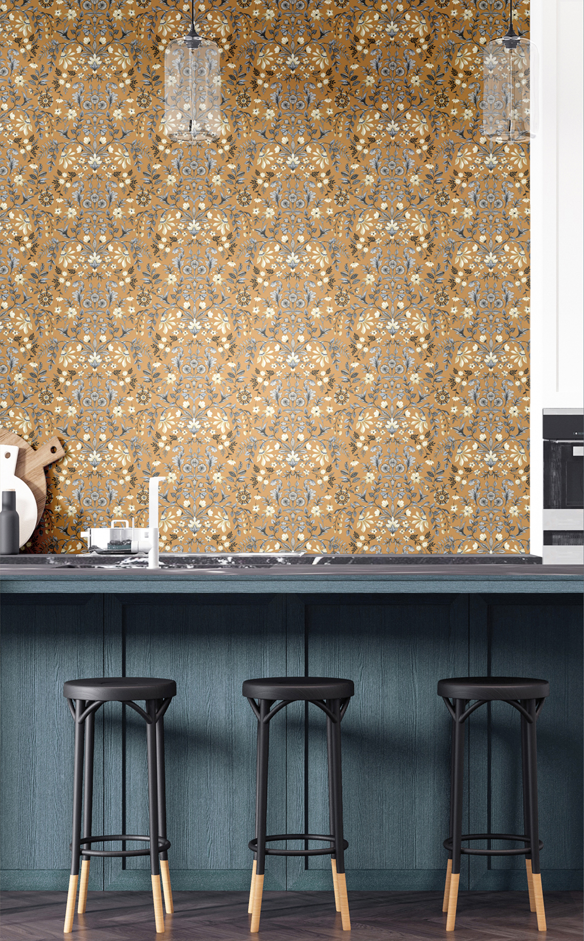 Papier peint Médaillon Fleuri camel bleu beige - My Little Cottage de Montecolino | Réf. MC-M12327