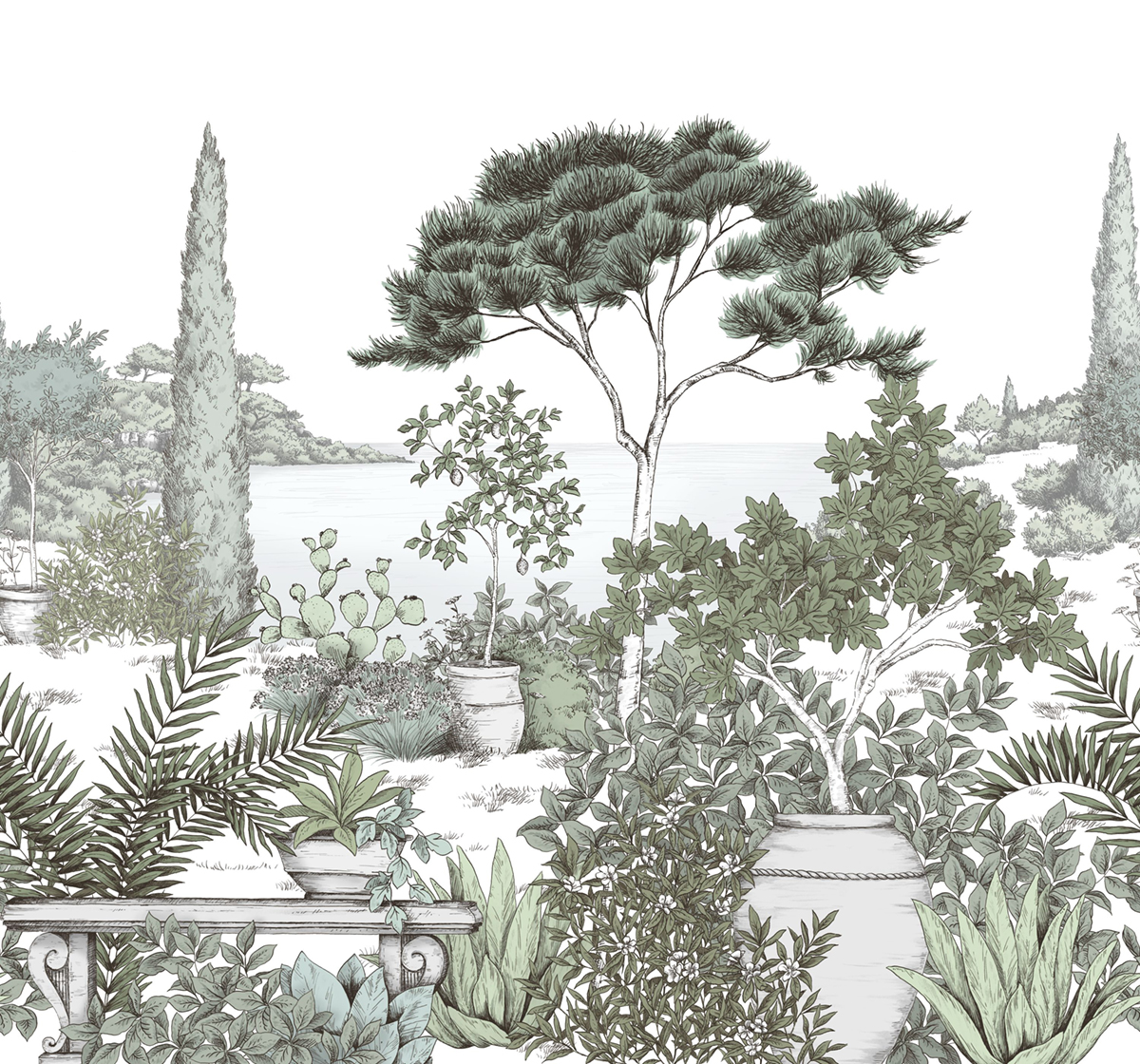 Papier peint panoramique Gravure A l'Ombre des Pins M vert 300X280 - Wonderwalls 2 de Casadéco | Réf. WDWD200017608