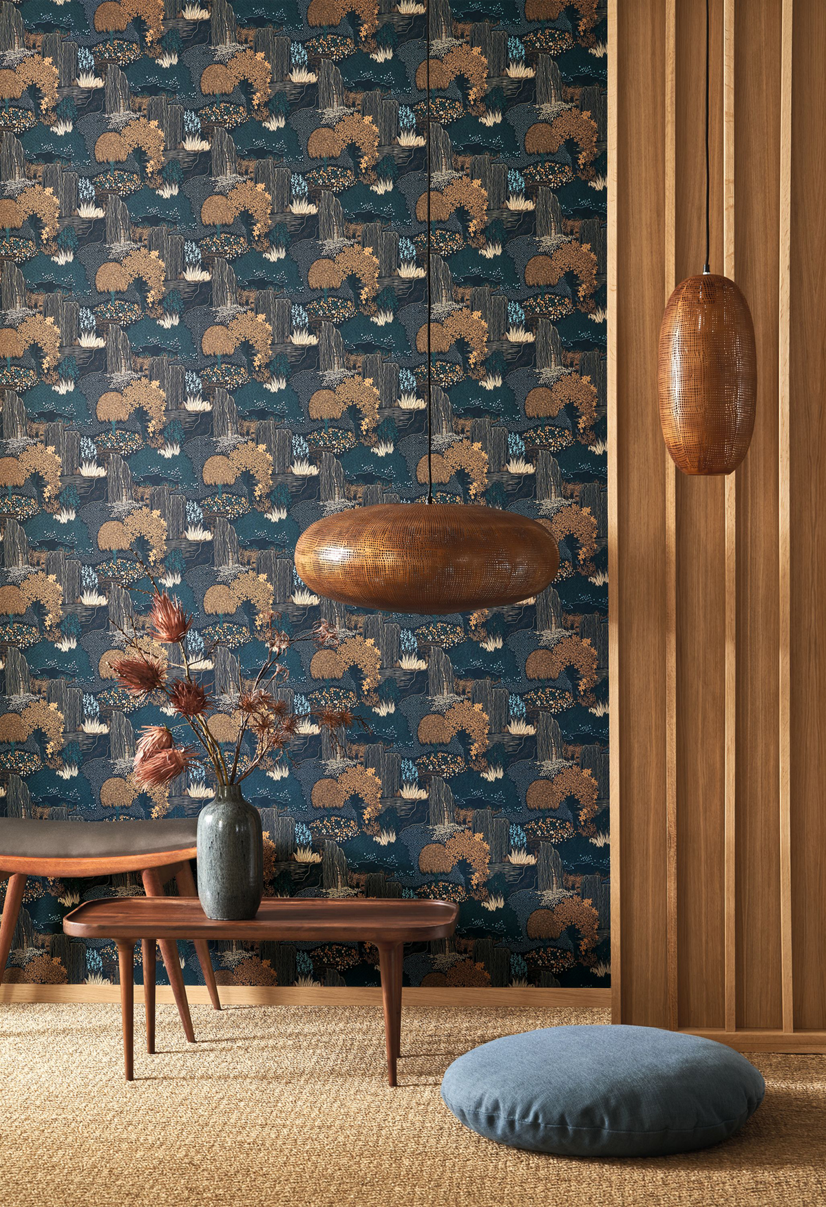 Papier peint jardin Japonais Niwa bleu encre doré - Kyoto de Casadéco | Réf. KYTO88726759