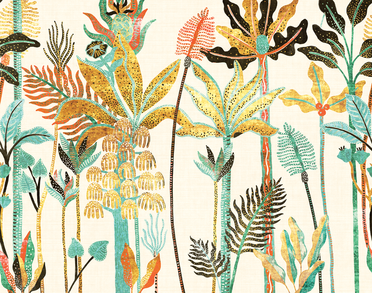 Papier peint panoramique Arbres Tropicaux Parque turquoise jaune - A, B et C H300 - Havana de Masureel | Réf. MAS-DGHAV201X