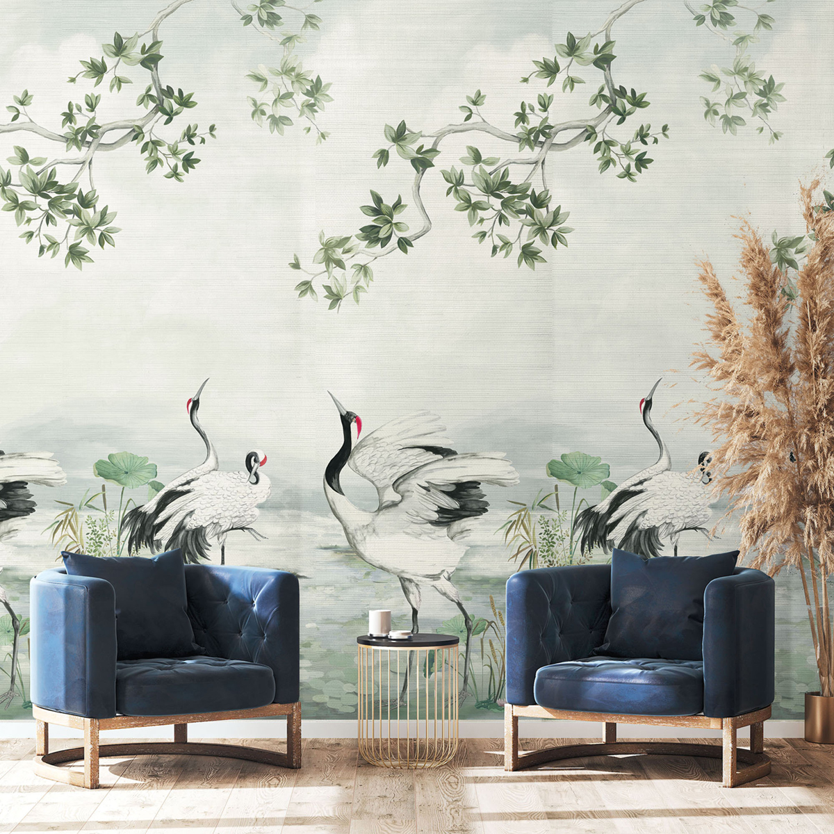 Papier peint panoramique Oiseau Grue Grasscloth argenté - Daisy Bennett d'Initiales | Réf. INI-DB31610M