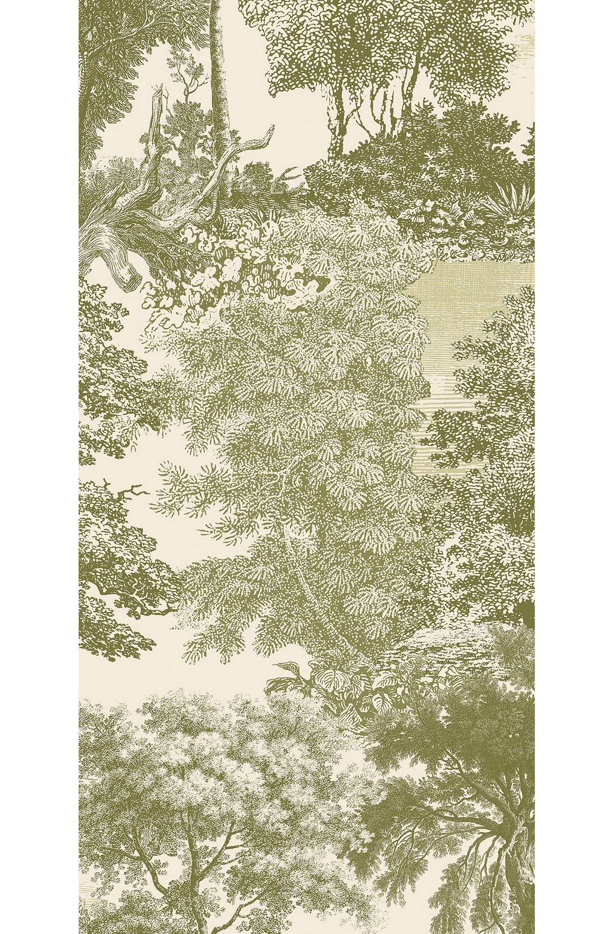 Papier peint panoramique Toile de Jouy Salcey vert olive - D H260 - Amazone de Masureel | Réf. MAS-DGSAL1034-260