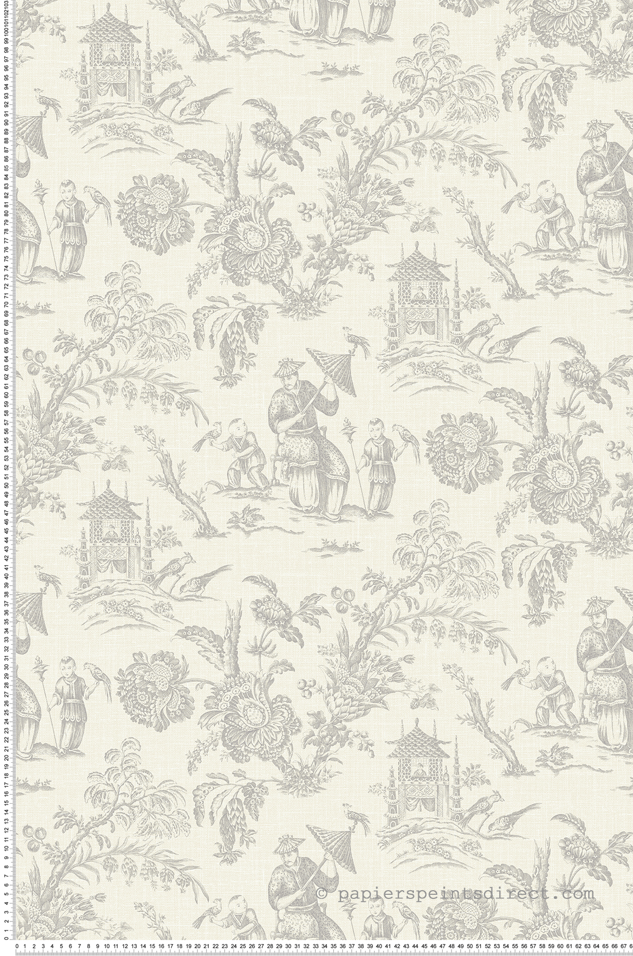 Papier peint Toile de Jouy Chinoiserie gris clair écru - French Country d'Initiales | Réf. INI-FC61808