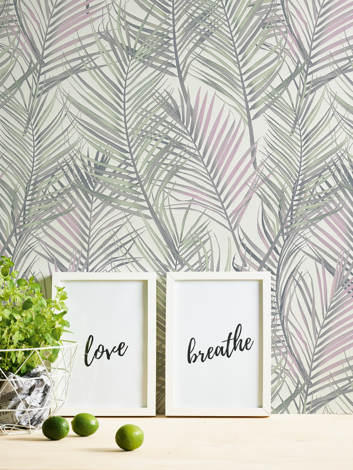 Papier peint Feuille Fougère Mango gris vert rose - Attractive 2 d'A.S. Création AMB3 | Réf. AS-390382