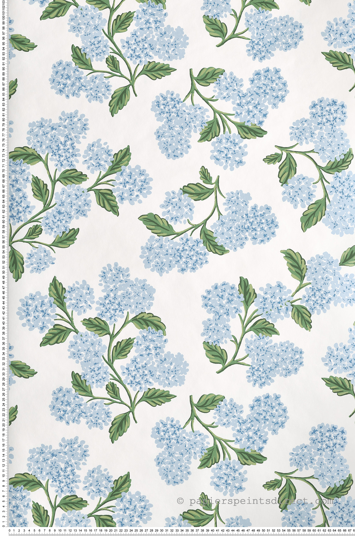 Papier peint Fleurs Hydrangea blanc/bleu - Rifle Paper Co. d'Initiales | Réf. INI-RI5143