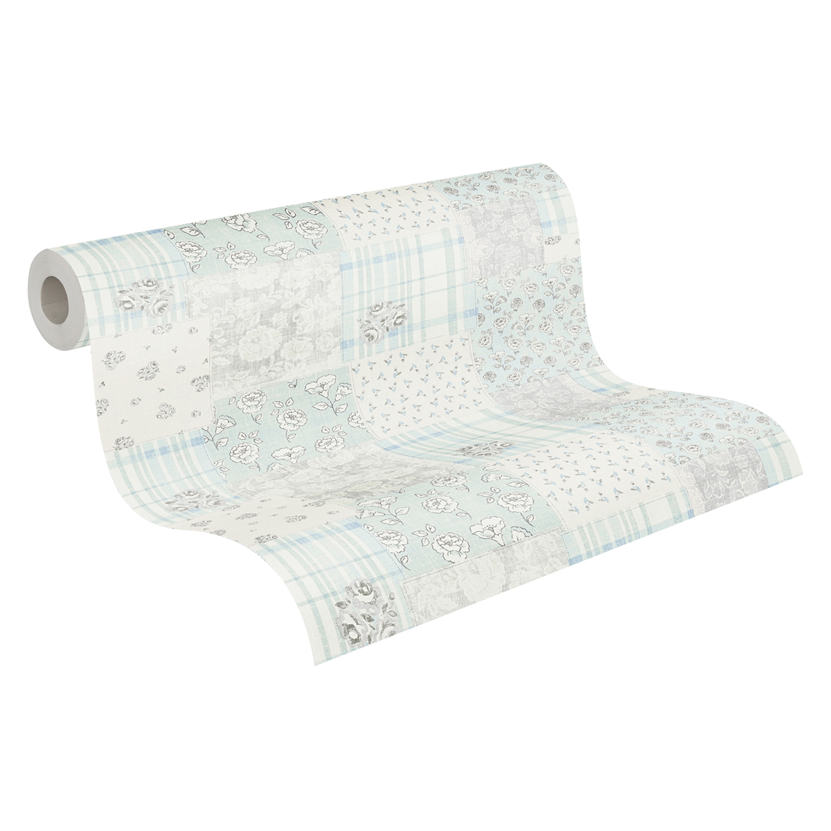 Papier peint Patchwork Fleuri gris bleu - Maison Charme d'A.S. Création ROLL | Réf. AS-390664