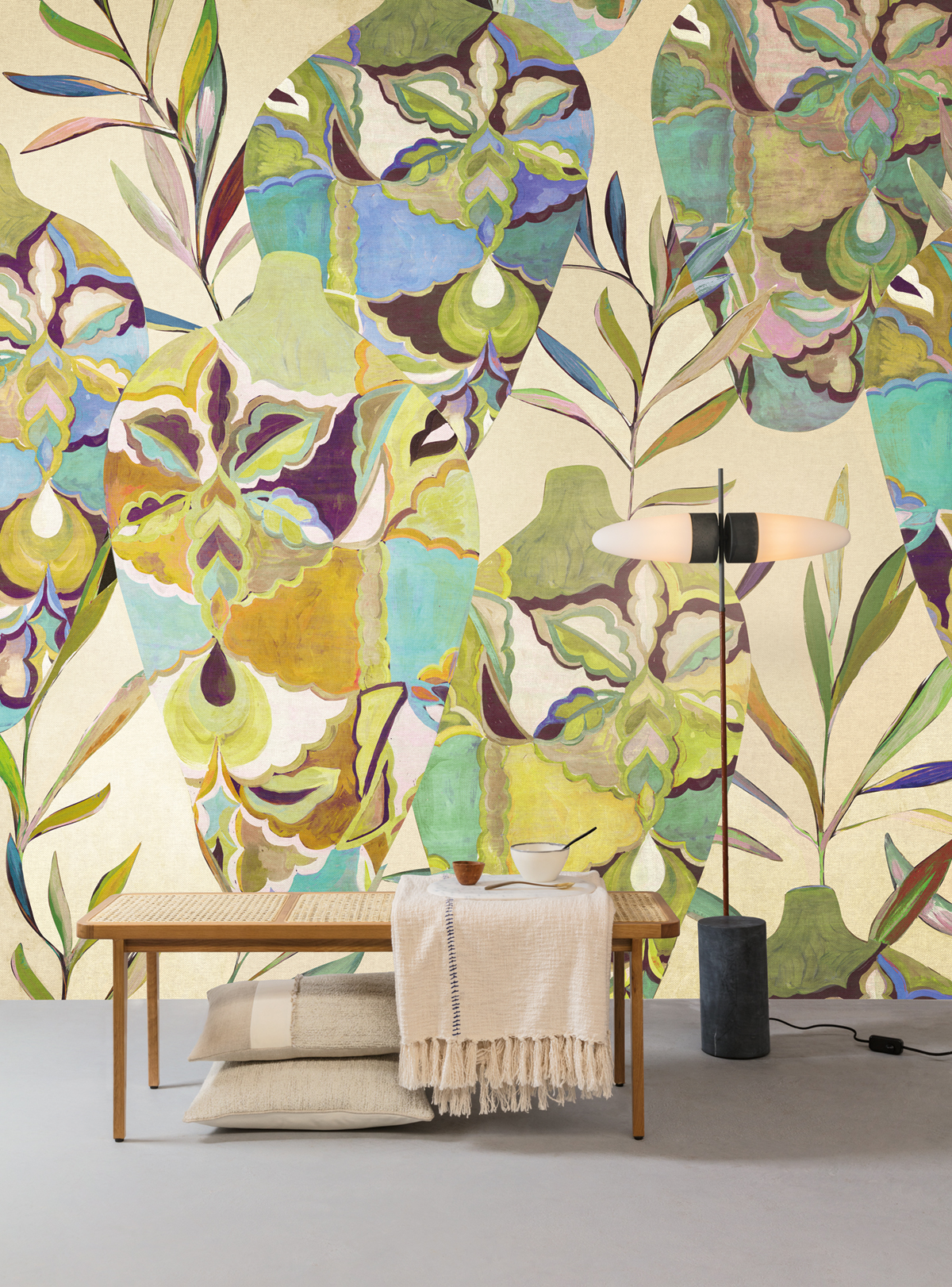 Papier peint panoramique Pot Fleuri Amphor vert - B H260 - Wall Designs IV de Masureel | Réf. MAS-DG4AMP1032-260