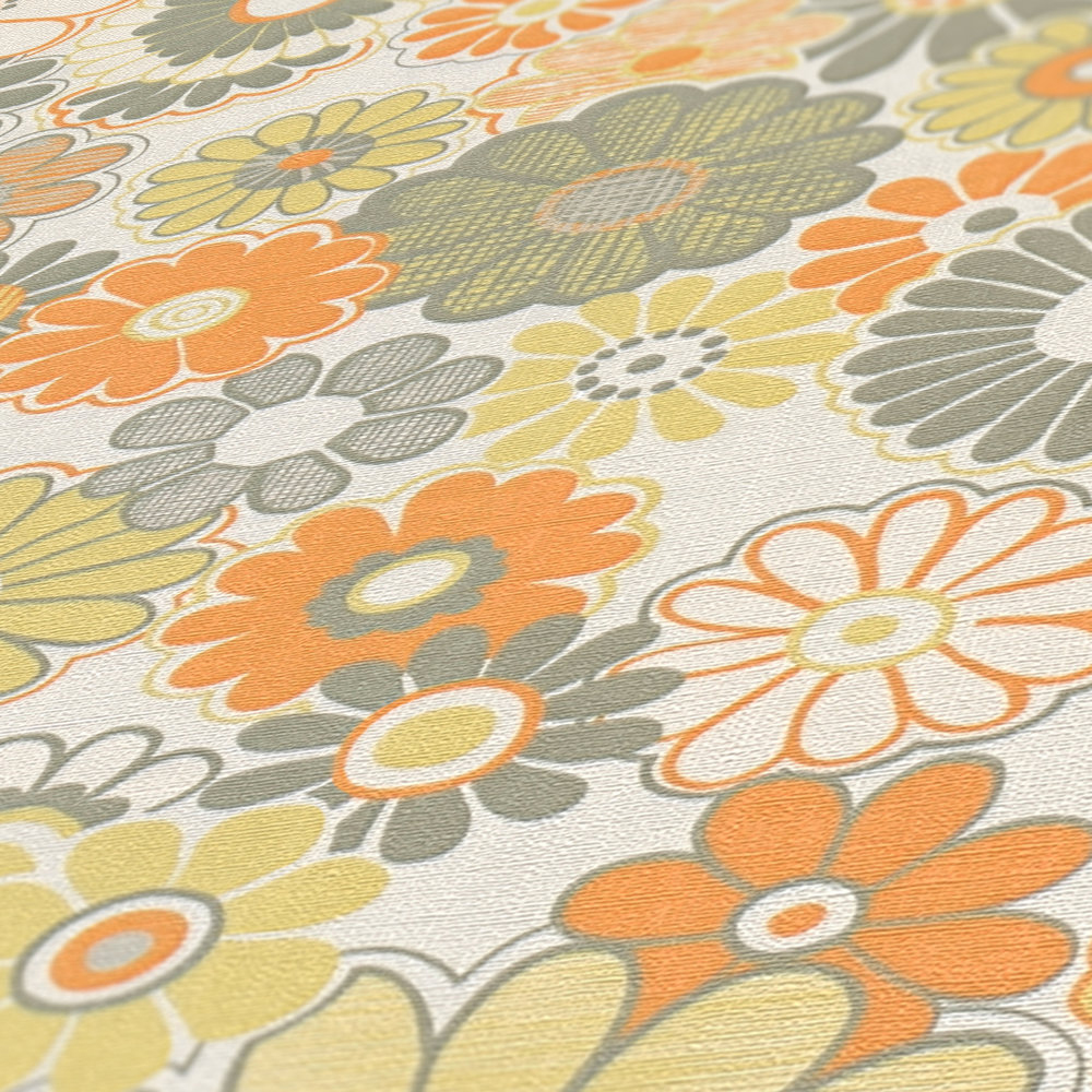 Papier peint Marguerite Vintage vert lichen orange - Retro Chic d'A.S. Création AMB4 | Réf. AS-395353