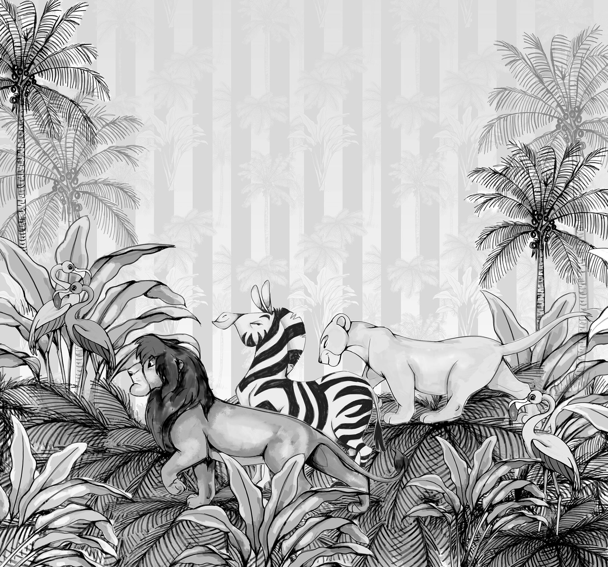Papier peint enfant Disney jungle Roi Lion noir et blanc - Papier peint Panoramique Komar