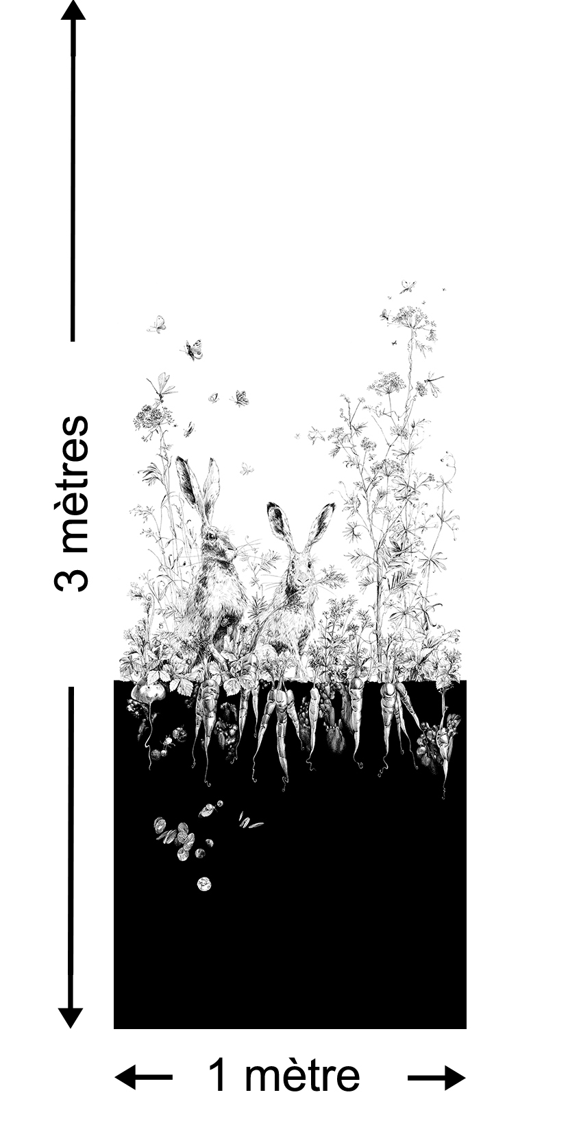 Papier peint Lièvres GAUCHES noir et blanc