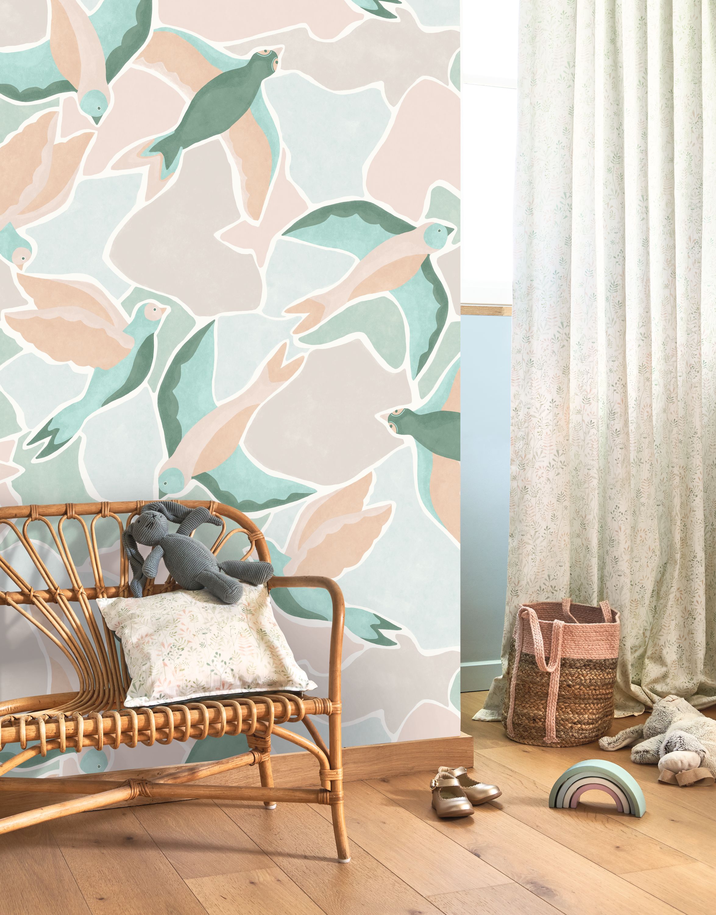 Papier peint panoramique Oiseau Songerie L vert menthe 200x310 - Wonderwalls de Casadéco | Réf. WDWS88997504