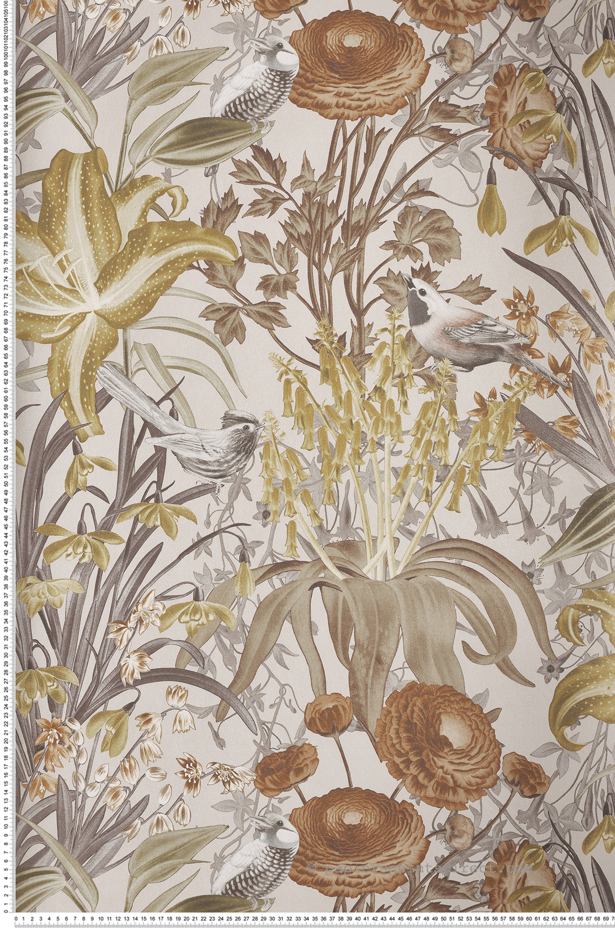 Papier peint Oiseaux et Fleurs Moorea gris et pailleté - Moorea de Montecolino | Réf. MC-26728