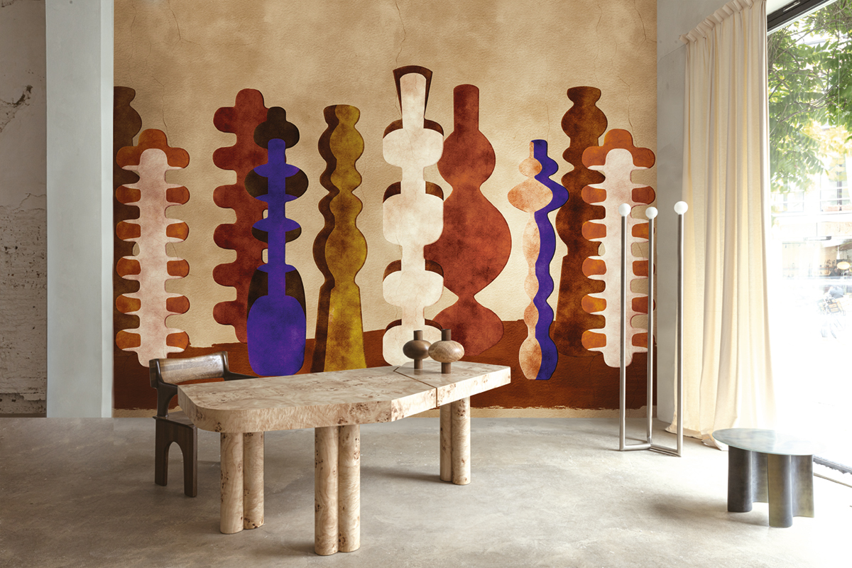 Papier peint panoramique Poterie Design indigo terracotta - A, B et C H260 - Terra de Masureel | Réf. MAS-DGPOT102X-260