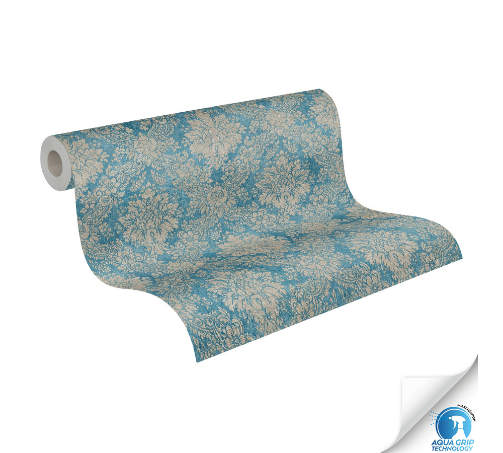 Papier peint préencollé Baroque Textile bleu grège - Designdrop d'A.S. Création ROLL | Réf. AS-784921
