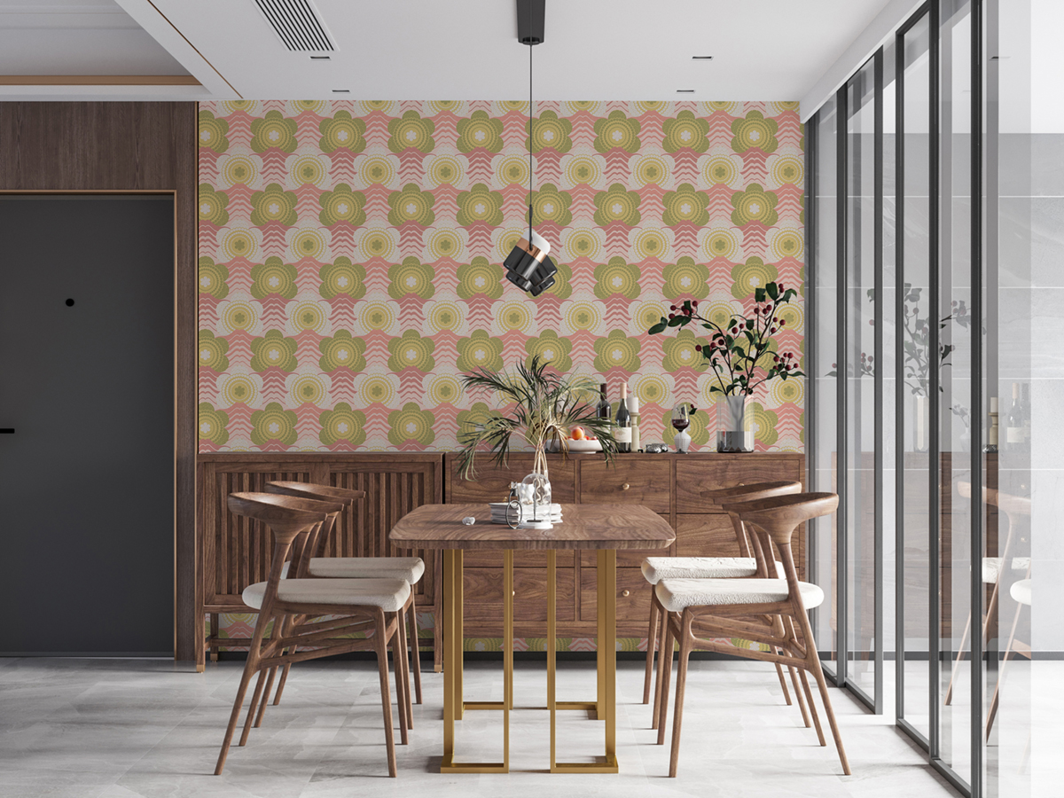 Papier peint Fleur Graphique rose vert - Retro Chic d'A.S. Création AMB3 | Réf. AS-395391